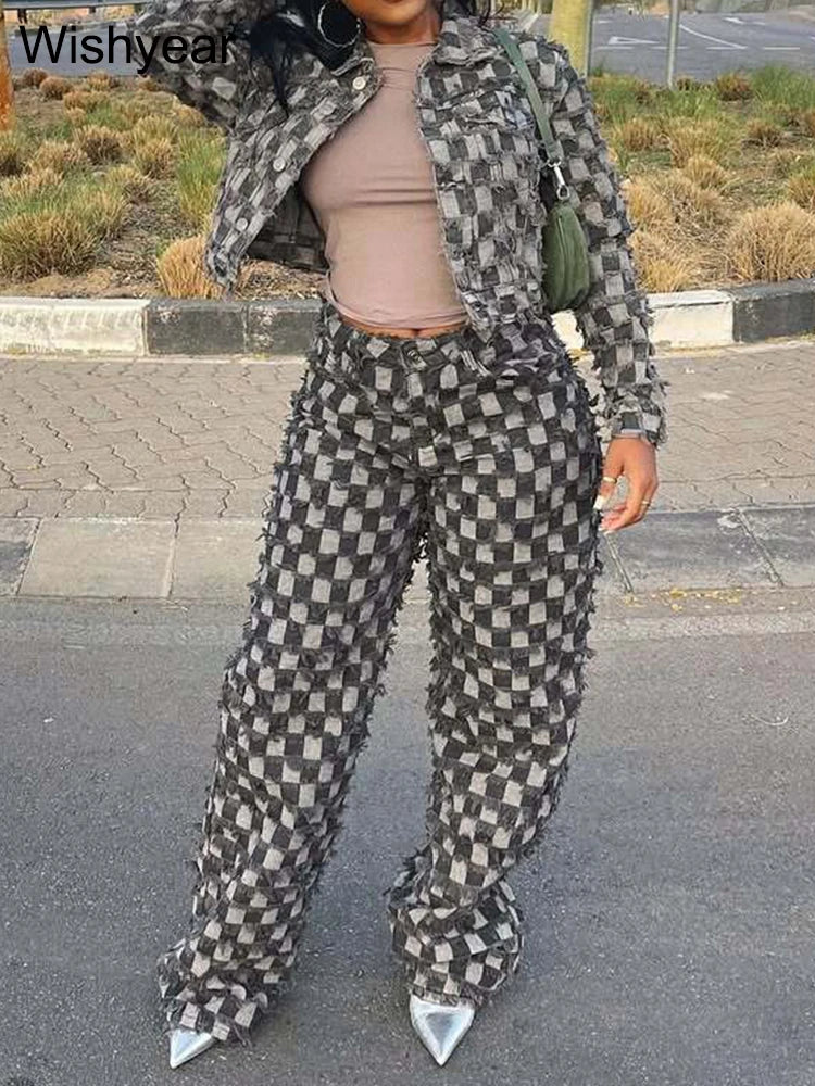 Women's Fashion Gray Denim 2 Piece Set Long Sleeve Patchwork Jacket And Wide Leg Pants Streetwear Grid Wash Jeans Autumn Outfits