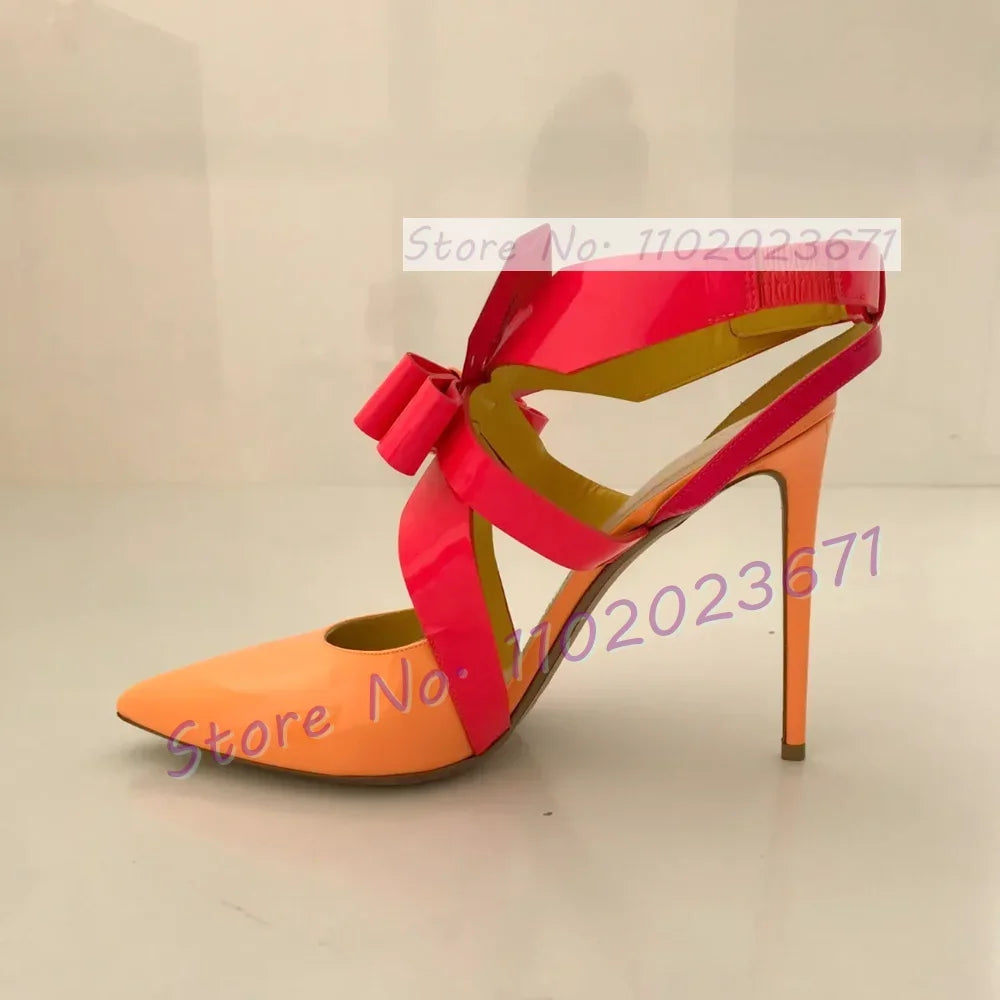 Multicolor Patent Leather Slingback Sandals Women Fashion Folding Bowknot Pointy Toe High Heels Sandals Party Chic Lovely Shoes