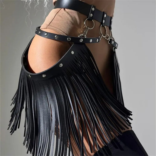 Gothic Leather Harness Fringe Skirt