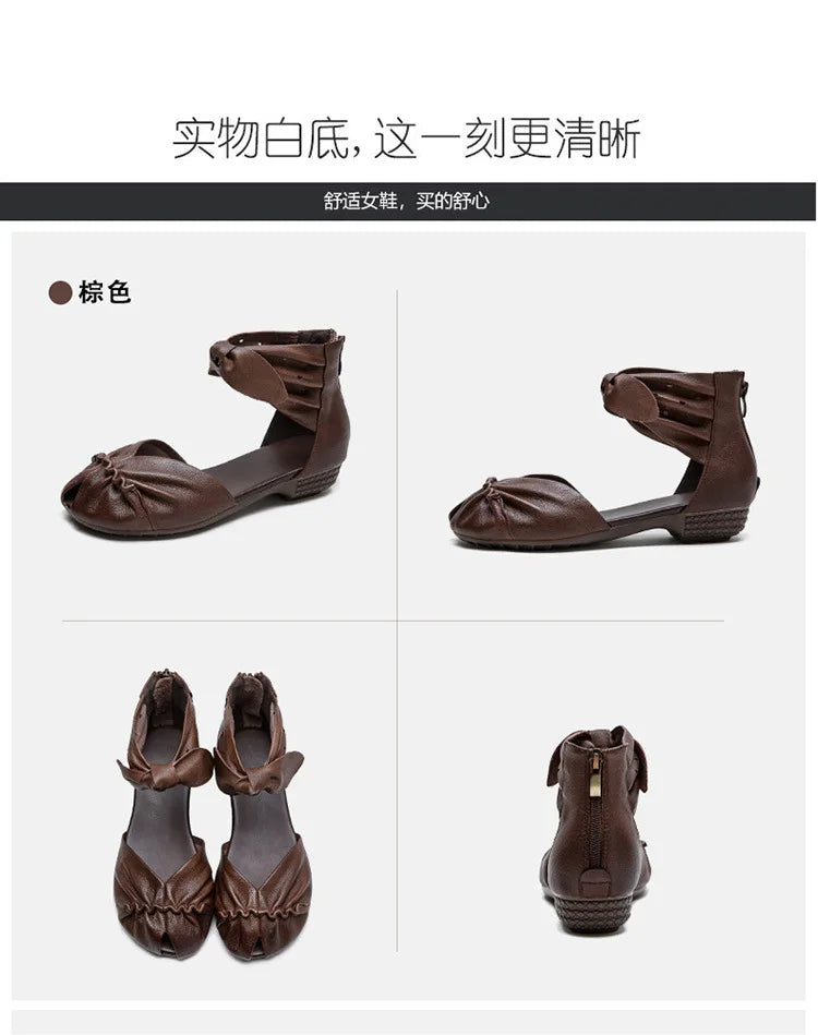 Genuine Leather Breathable Low Heel Peep Toe Sandals for Women