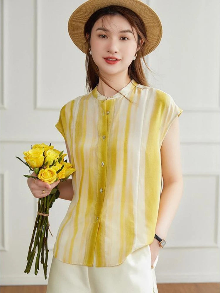 Women's Shirt and Blouse Chiffon Yellow Sleeveless Striped Female Tops Loose Summer Button Up Y2k Fashion Sale of Pretty Xl M