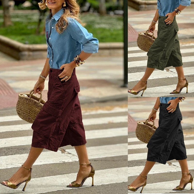 Krisstarsgirls Summer Woman Wide Leg Capris Pants with Pockets 2025 New Trendy Cotton Clothes Loose Cropped Cargo Pants Female