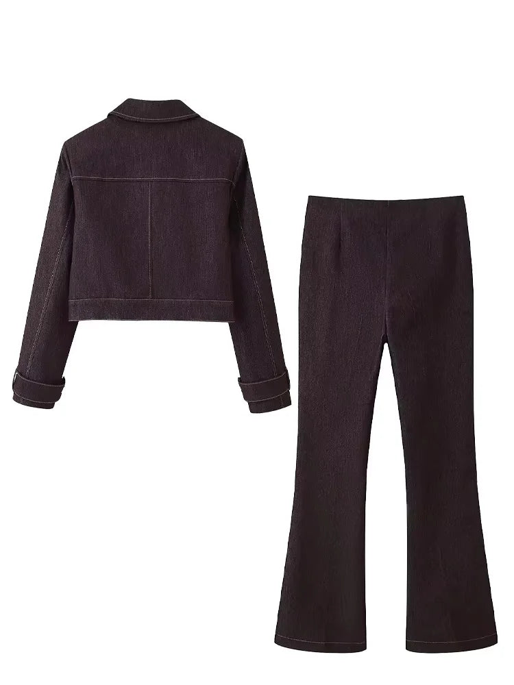Lapel Jacket and Bell Bottom Pants Two Piece Set for Women