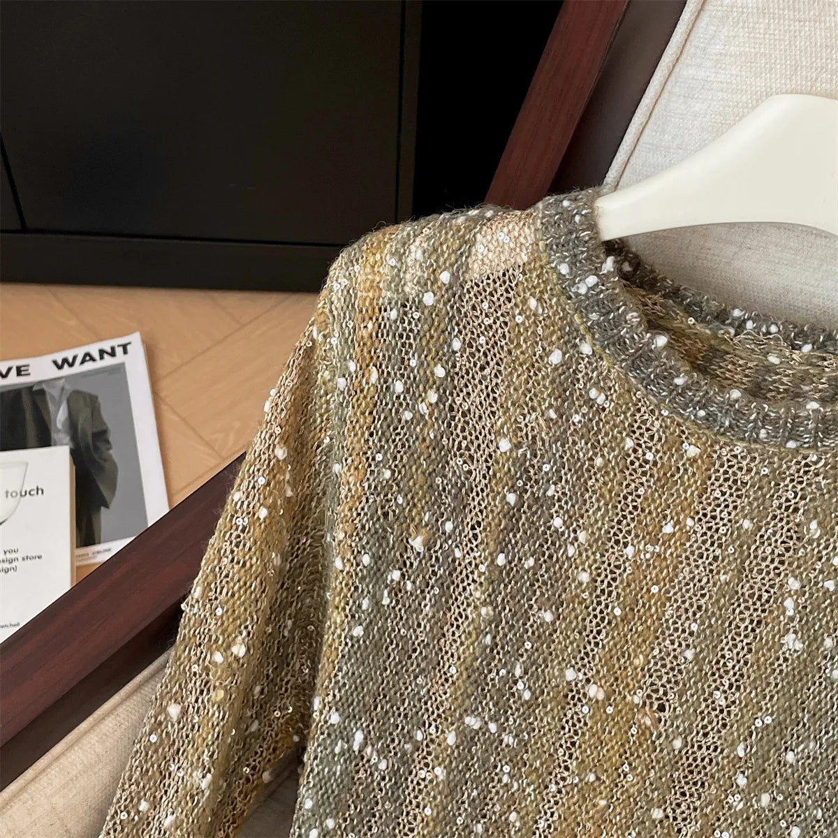 Sequin Round Neck Long Sleeve Knit Sweater for Women