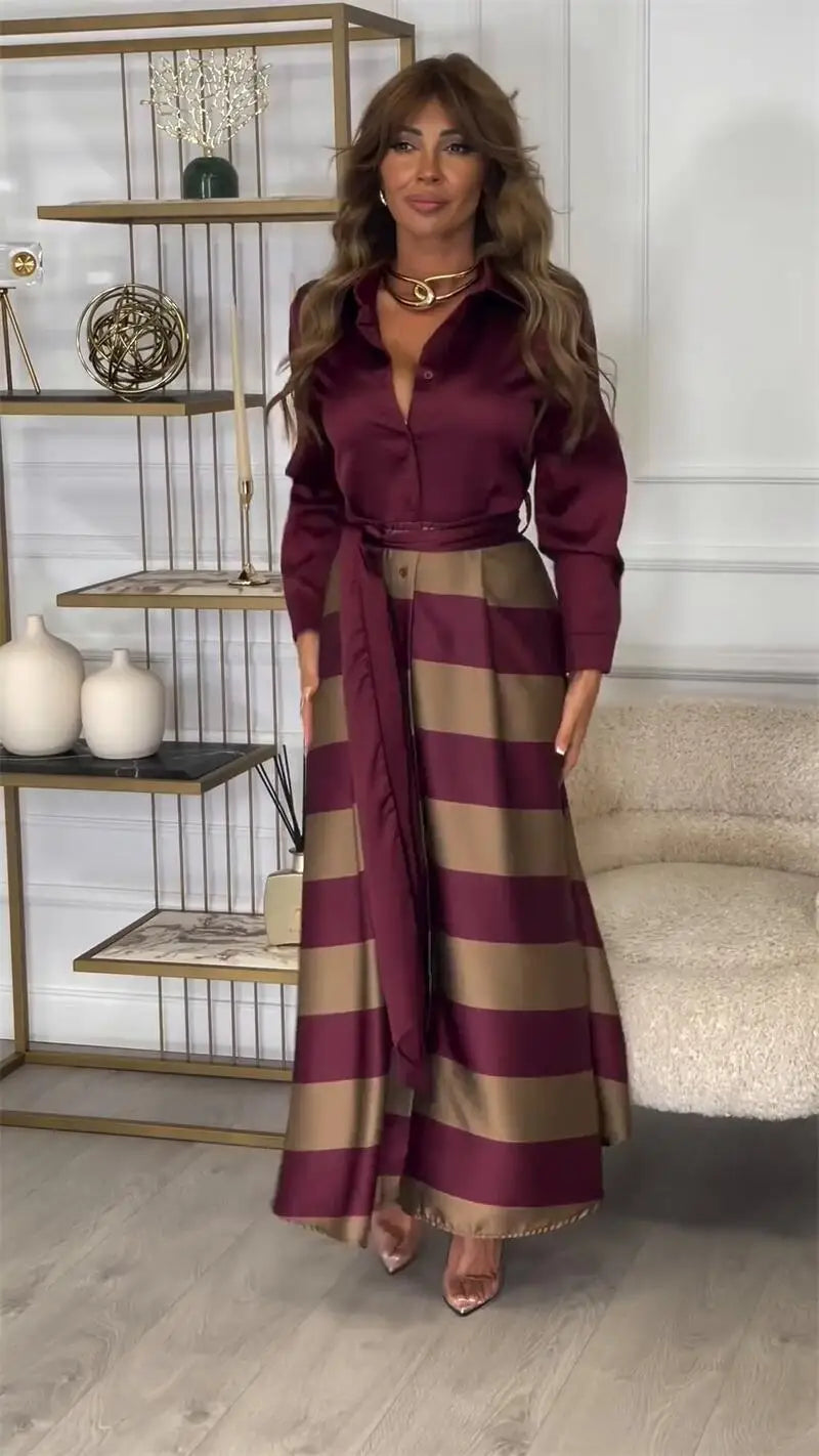 Women's Fashion Spring Autumn Satin Long Dress Casual Long Sleeved Lace Up Turn-down Collar Skirts Vintage Pattern Printed Dress