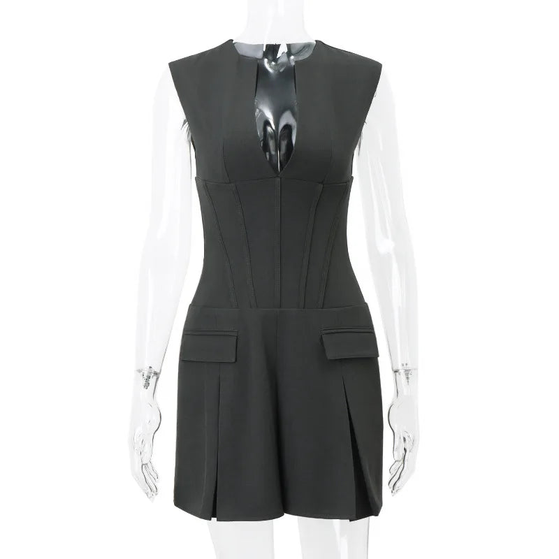 Dress With Deep V Neckline Sleeveless Mini Gray Corset Clubwear Flattering Silhouette Vintage