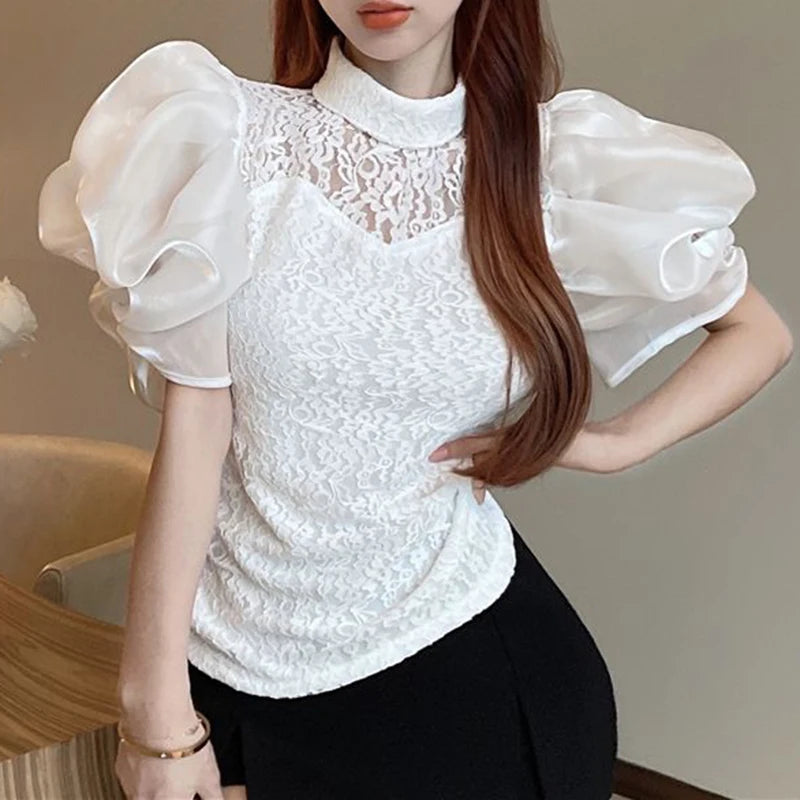 Korean V-Neck Bubble Sleeve Irregular Pleated Top for Women