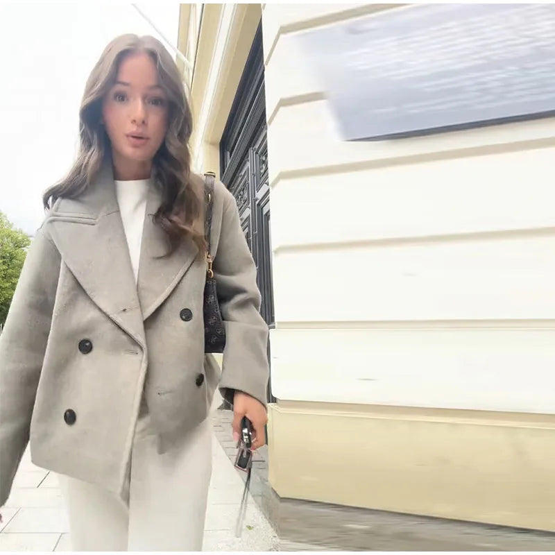 Double Breasted Cropped Jacket With Turn Down Collar for Women