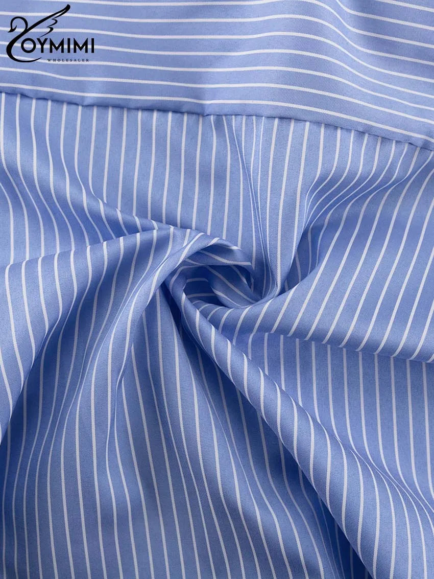 Oymimi Elegant Blue Striped Print Sets For Women 2 Pieces Fashion Long Sleeve Button Crop Tops And High Waist Pleated Skirts Set