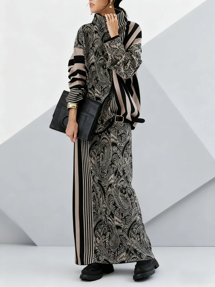 Gymystars Casual Autumn Two Piece Set Elegant Loose Striped Pullovers Column Knitting Skirts Fashion Trend Winter Skirts Suits