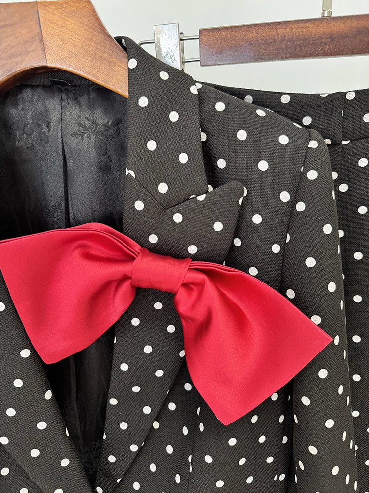 HIGH STREET Newest 2025 Designer Suit Women Bow Decorated Polka Dot Blazer Pants Set 2PCS