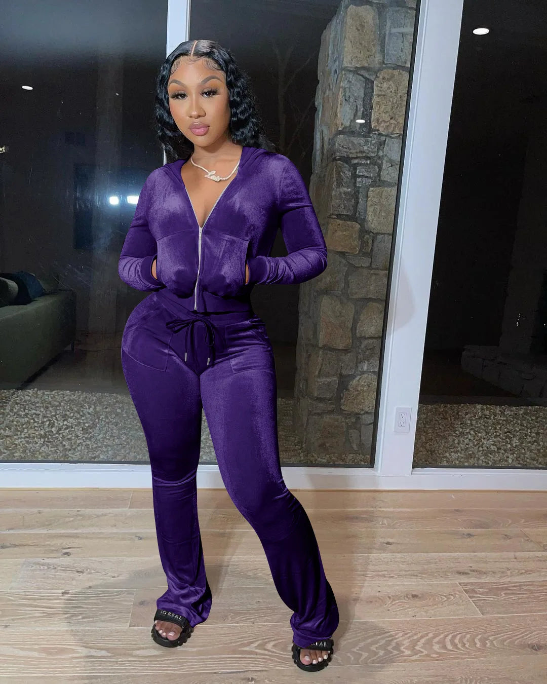 Hooded Zip Top And High Waist Pants Outfit Set for Women