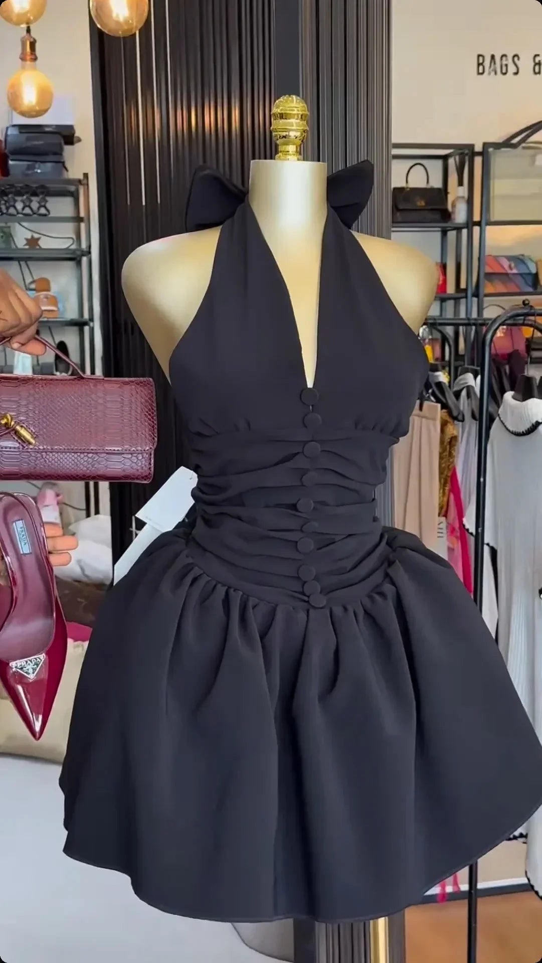 Summer Backless V Neck Butterfly Knot Mini Dress for Women