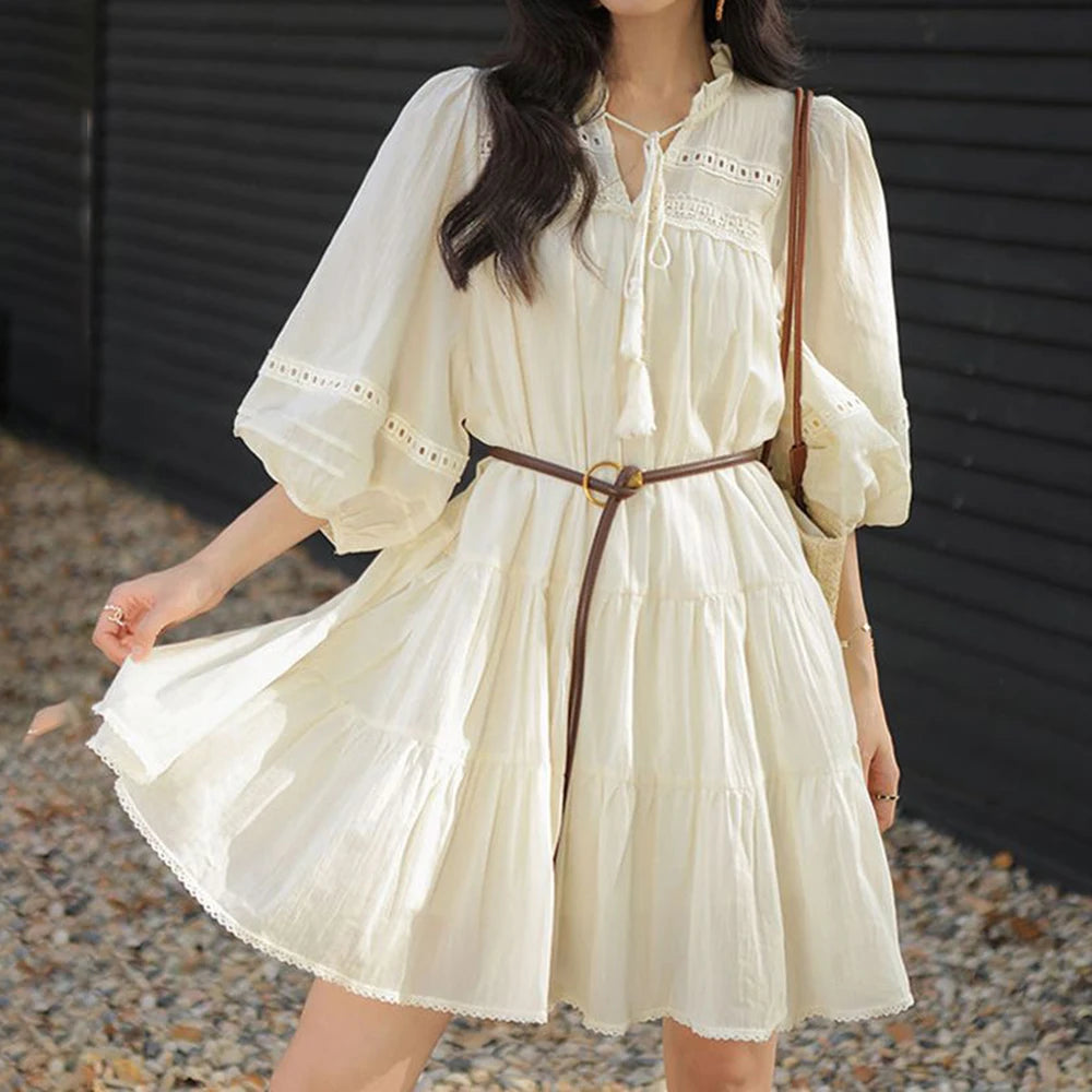 Vacation Style Boho Chic Lace Up Midi Dress for Women