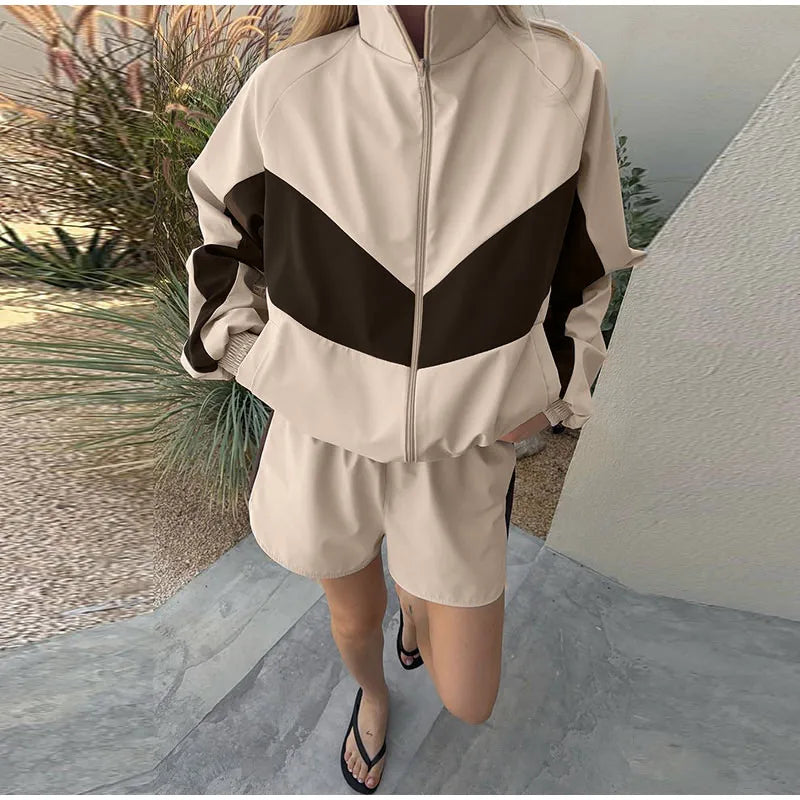 Color Block Zip Jacket and Shorts Tracksuit for Women