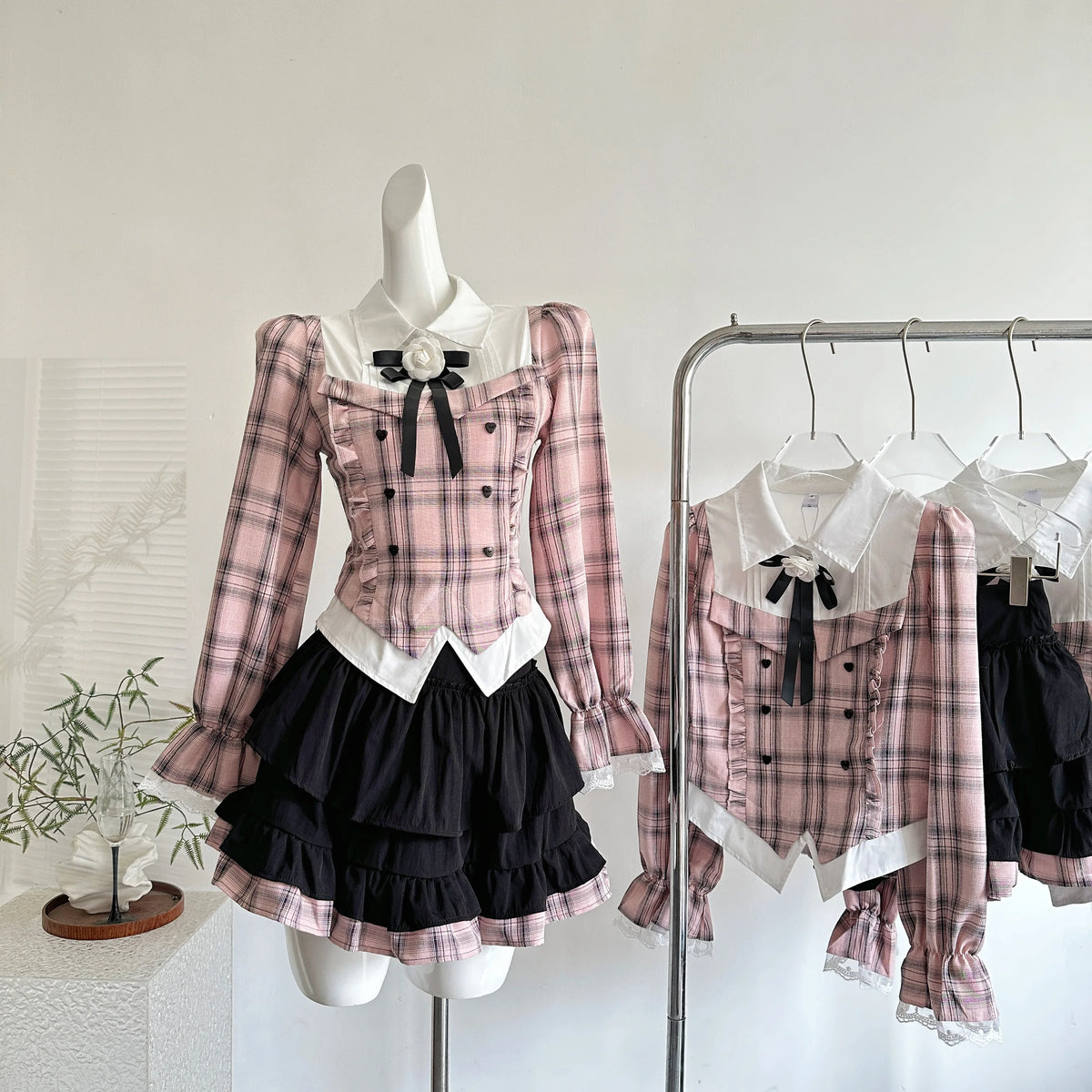 Pink Plaid Two Piece Uniform Set