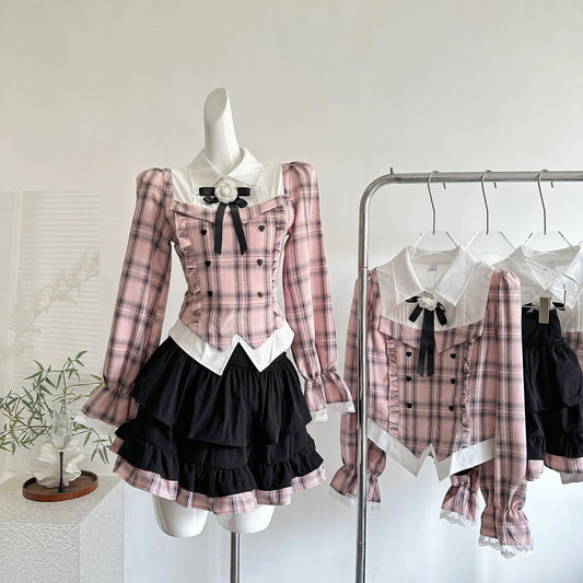 Pink Plaid Two Piece Uniform Set