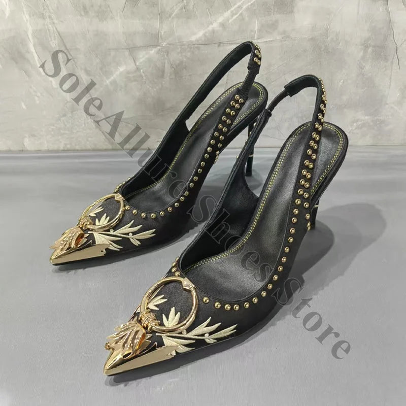 Ornate Gold Studded Emerald Jacquard Slingback Heels For Women