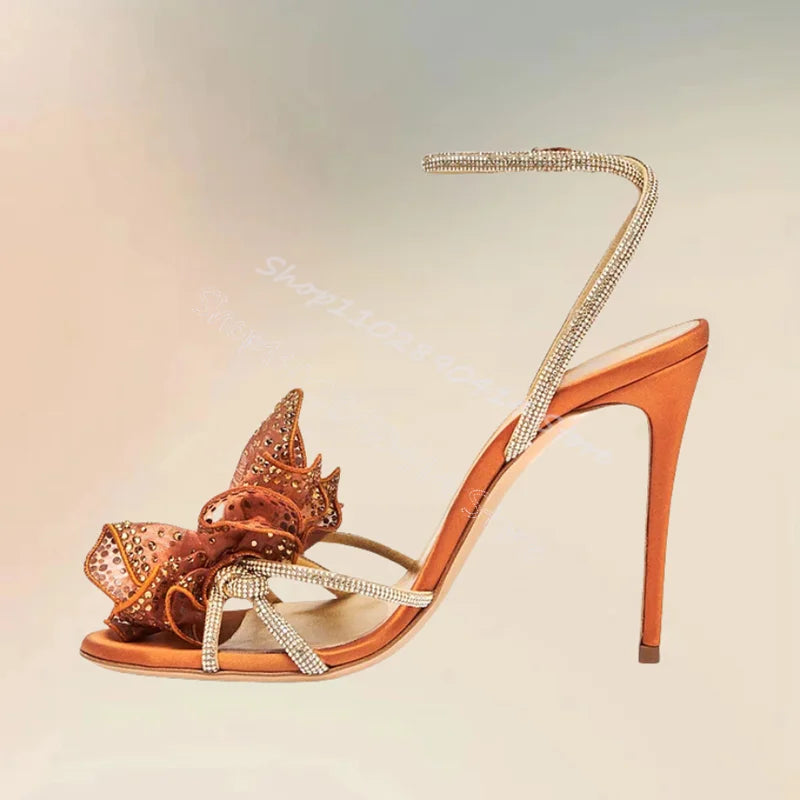 Gold Crystal Mesh Flower Open Toe With Ankle Buckle Sandals for Women