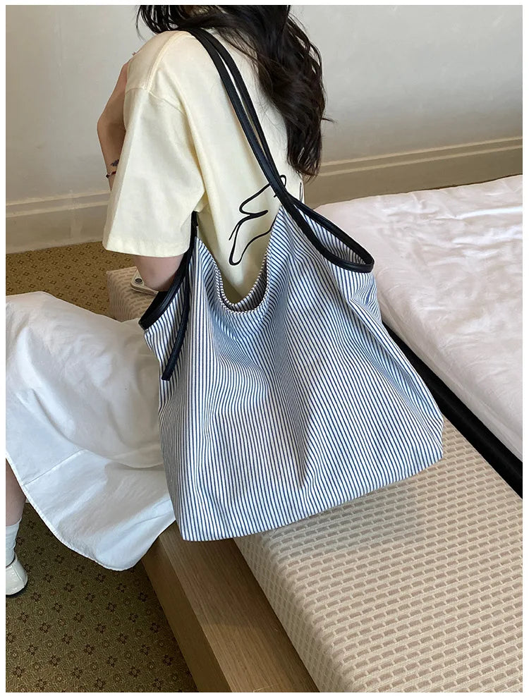 Casual Stripe Canvas Lightweight Shoulder Tote Bag for Women