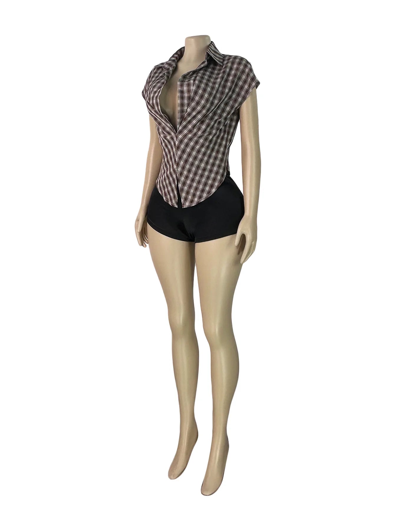 Plaid Print Deep V Neck Sleeveless Hollow Two Piece Set for Women