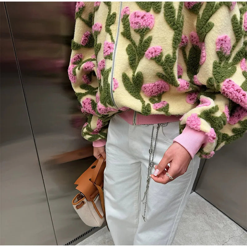 Casual Floral Print Bomber Jacket With Collar For Women