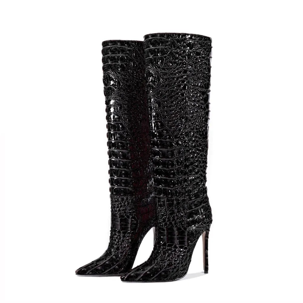 Crocodile Embossed Knee High Stiletto Boots for Women