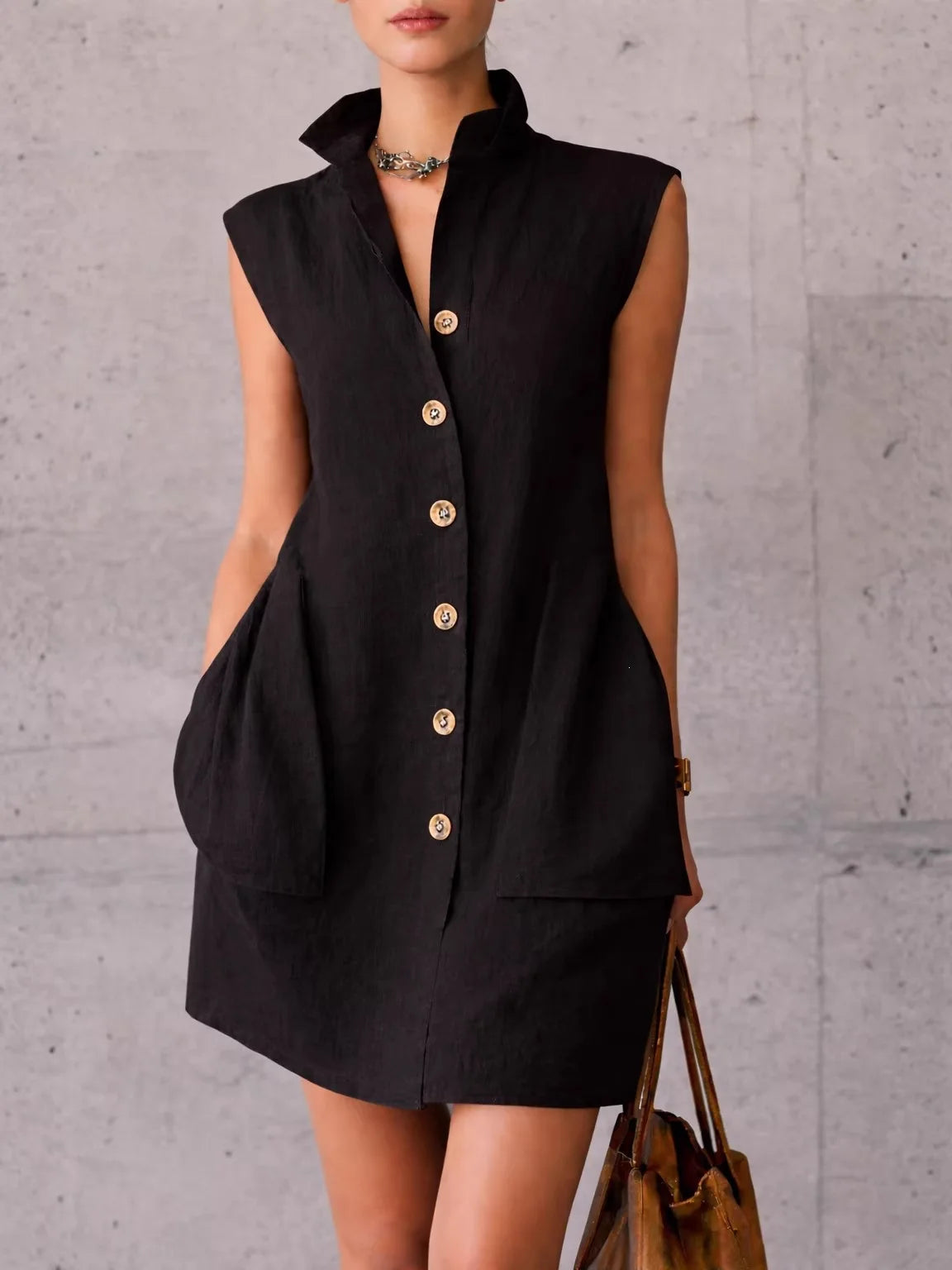 Solid Color Lapel Button Sleeveless Pocket Mini Shirt Dress for Women