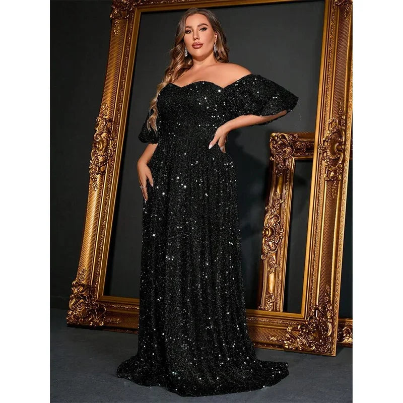 Plus Size Off-Shoulder Gray Silver Short-Sleeved Luxury Bridesmaid Evening Dress Banquet Bigsize Long Dress For Women 4xl 5xl