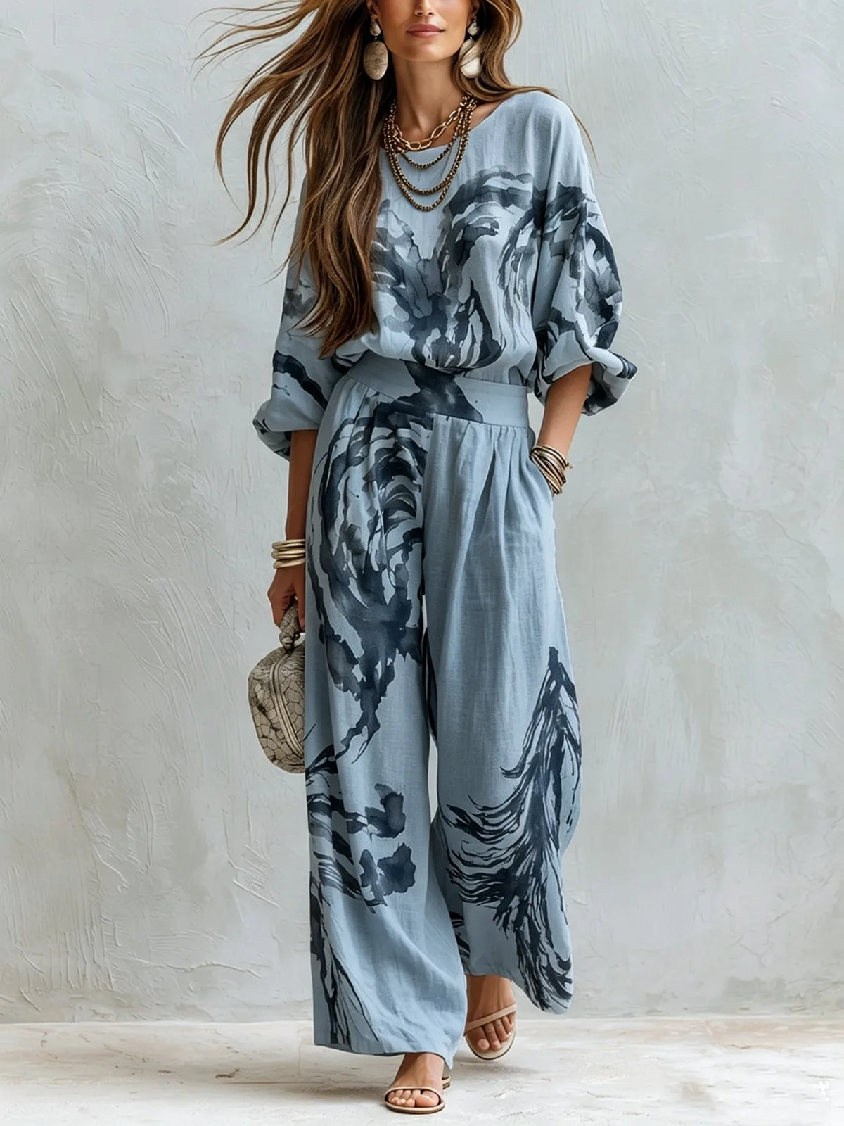 Casual Retro Printed Two Piece Pants Set for Women