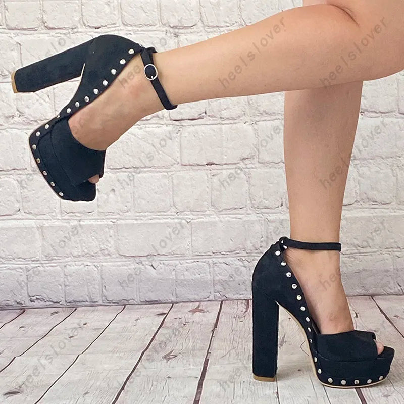 Black Studded Platform Sandals With Chunky Heels For Women