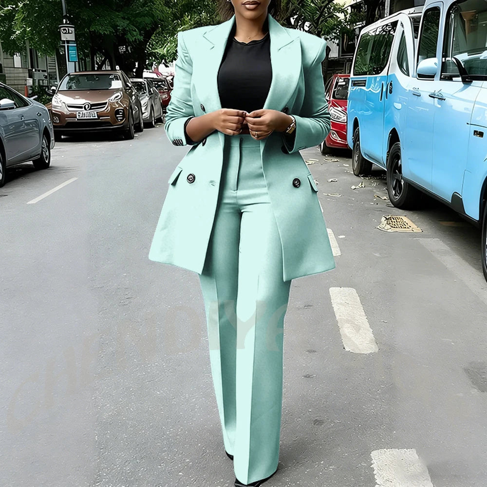 High Quality Women Suits Double Breasted Straight Formal 2 Piece Jacket Pants Peak Lapel High Street Daily Office Casual Suit
