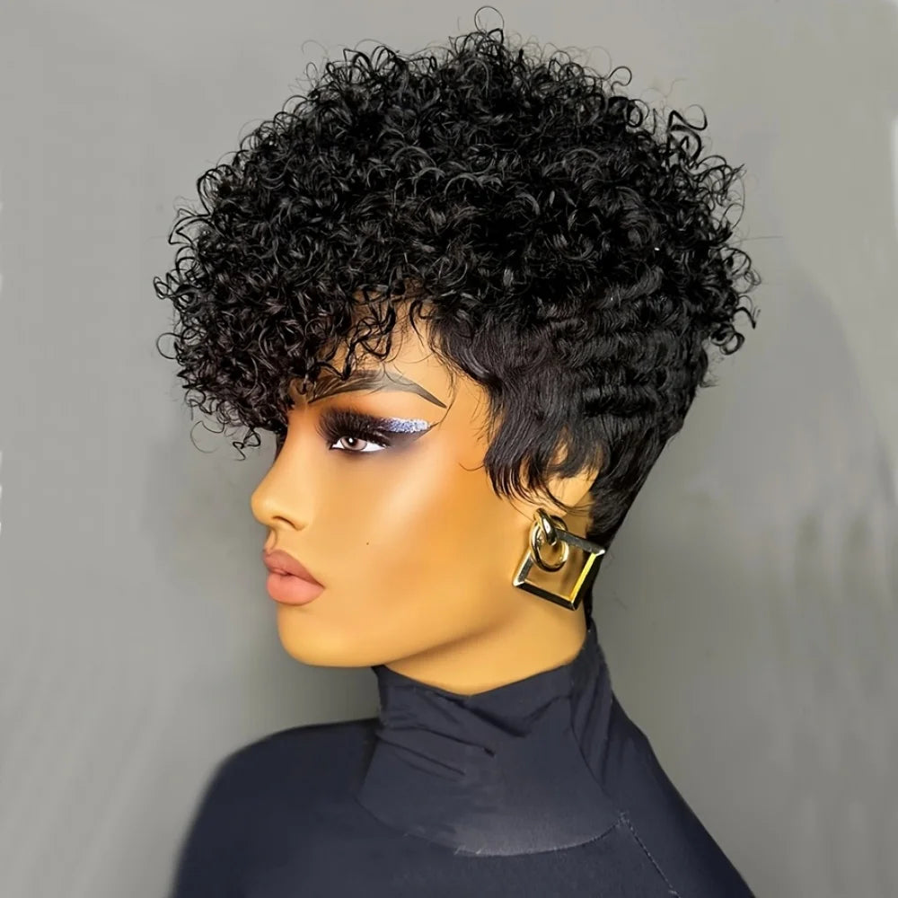 Short Natural Black Human Hair Pixie Cut Wig for Curly Wigs Urban Edge Wave Full Machine Made For Women