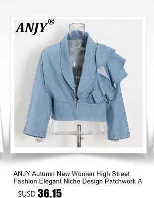 ANJY Autumn New Women Ins Shirt Studded Diamonds Distressed Denim Coat Pockets Single Breasted Elegant Vintage Casual Tops A9973