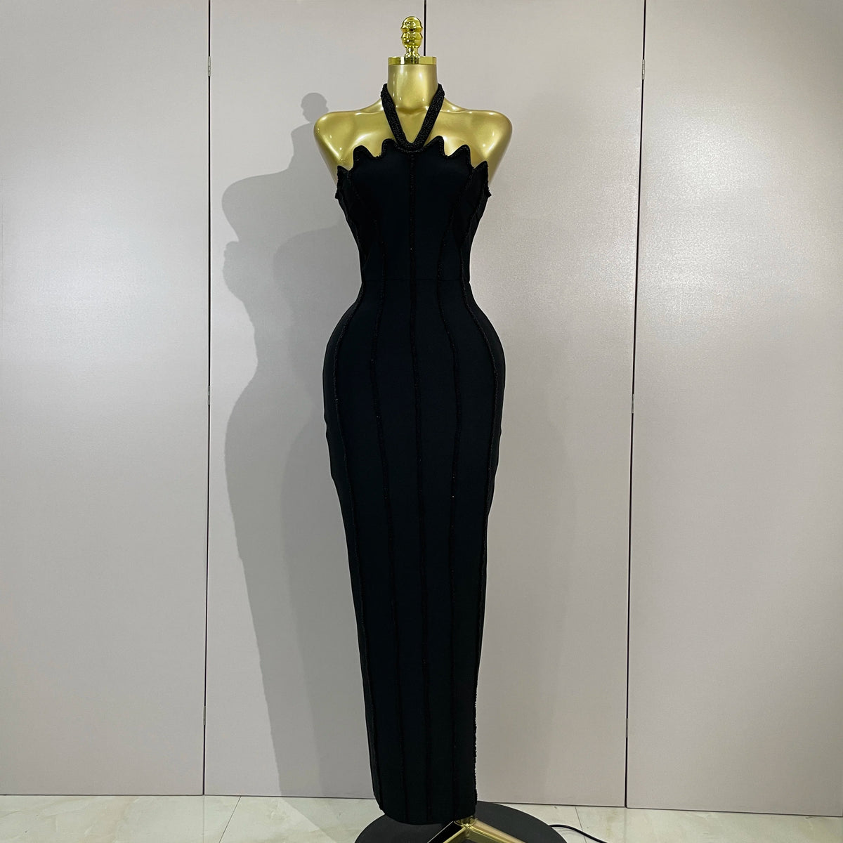 Sexy Beaded Scalloped Halter Black Bodycon Long Bandage Dress Women Elegant Birthday Wedding Guest Celebrate Evening Club Gown