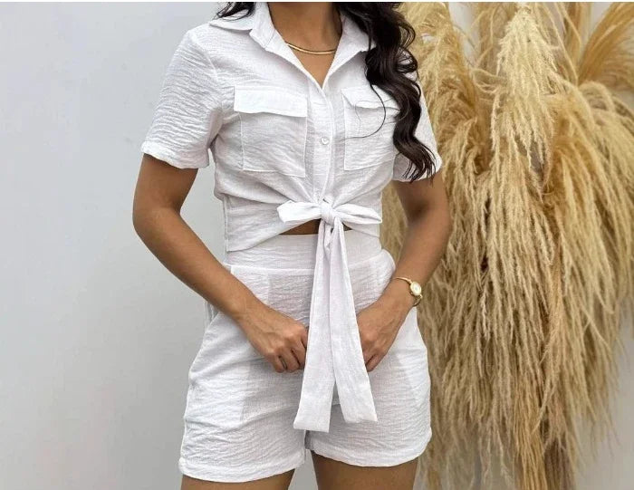 Casual Shorts 2 Piece Sets Woman Fashion Short Sleeved Lace Up Shirt and Half Pants Suit Streetwear 2025 New Spring and Summer