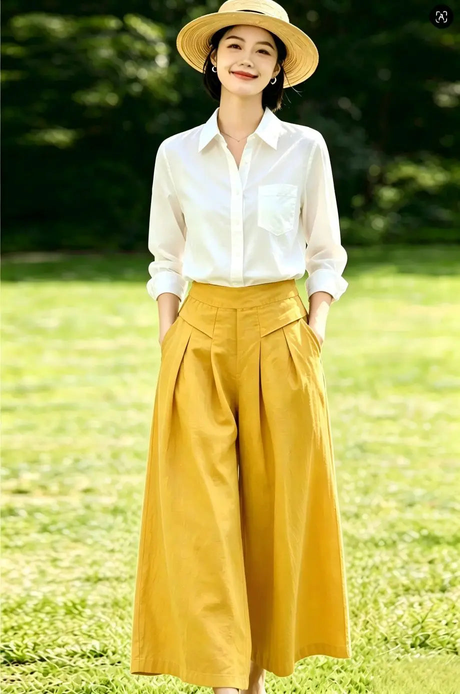 High-Waisted Cotton Linen Wide-Leg Culottes for Women