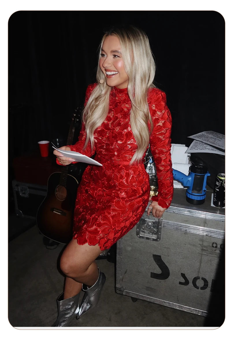 Retro Glamour Red Lace Waist-Cinched Mini Dress for Women