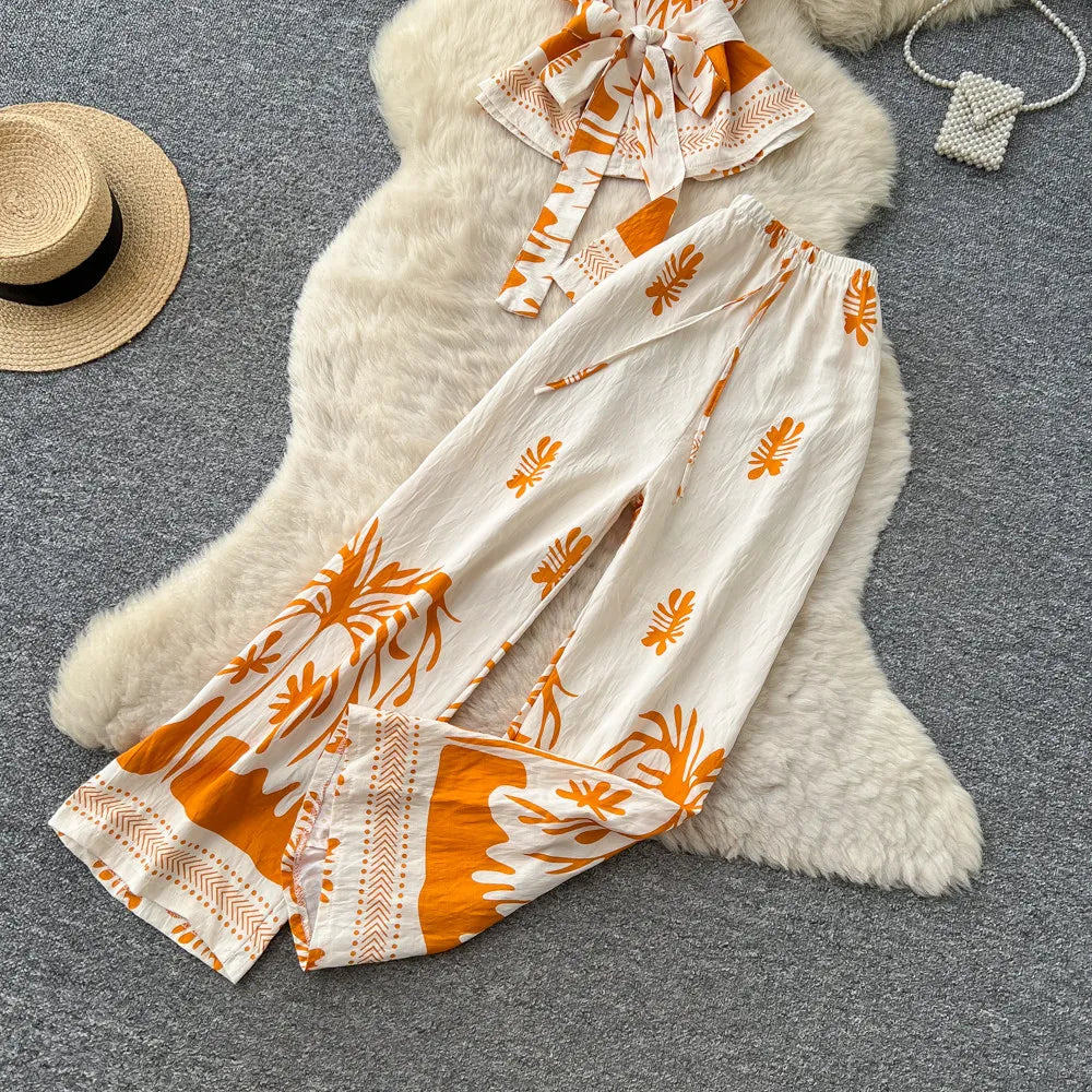 Boho Print Lace-Up Tank Top and Wide-Leg Pants Set for Women