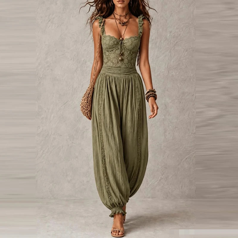 Elegant Lace Trim V Neck Sleeveless Jumpsuit for Women