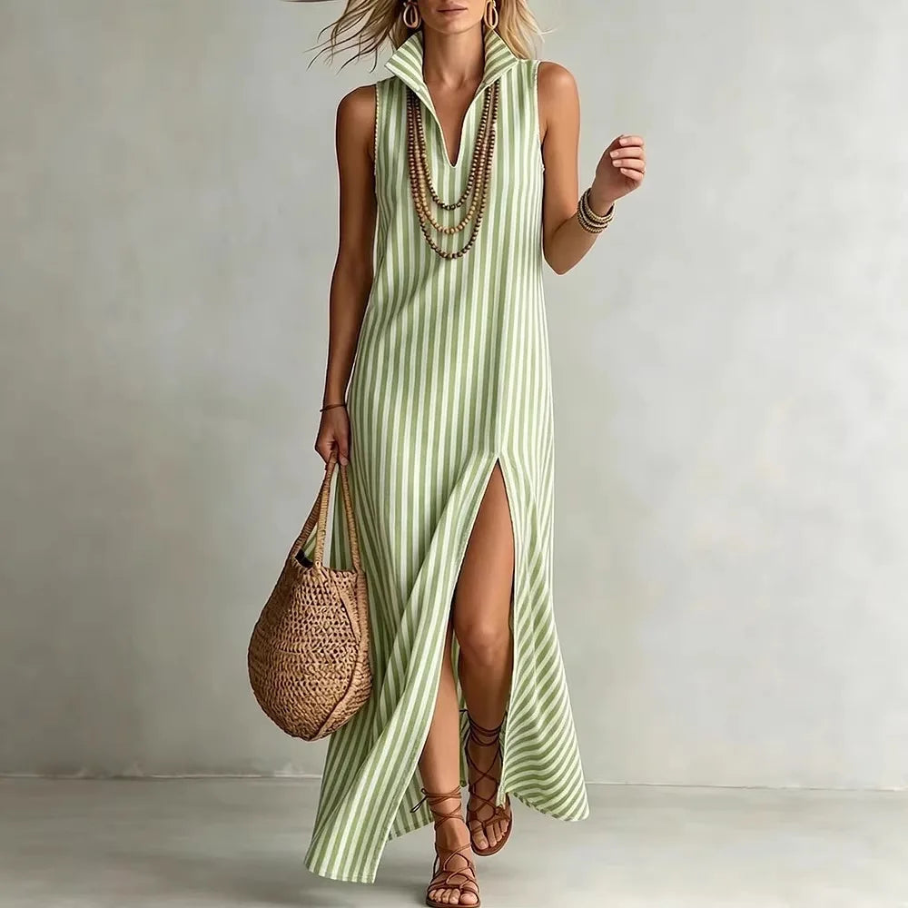 Striped Lapel Collar Sleeveless V Neck High Slit Maxi Dress for Women