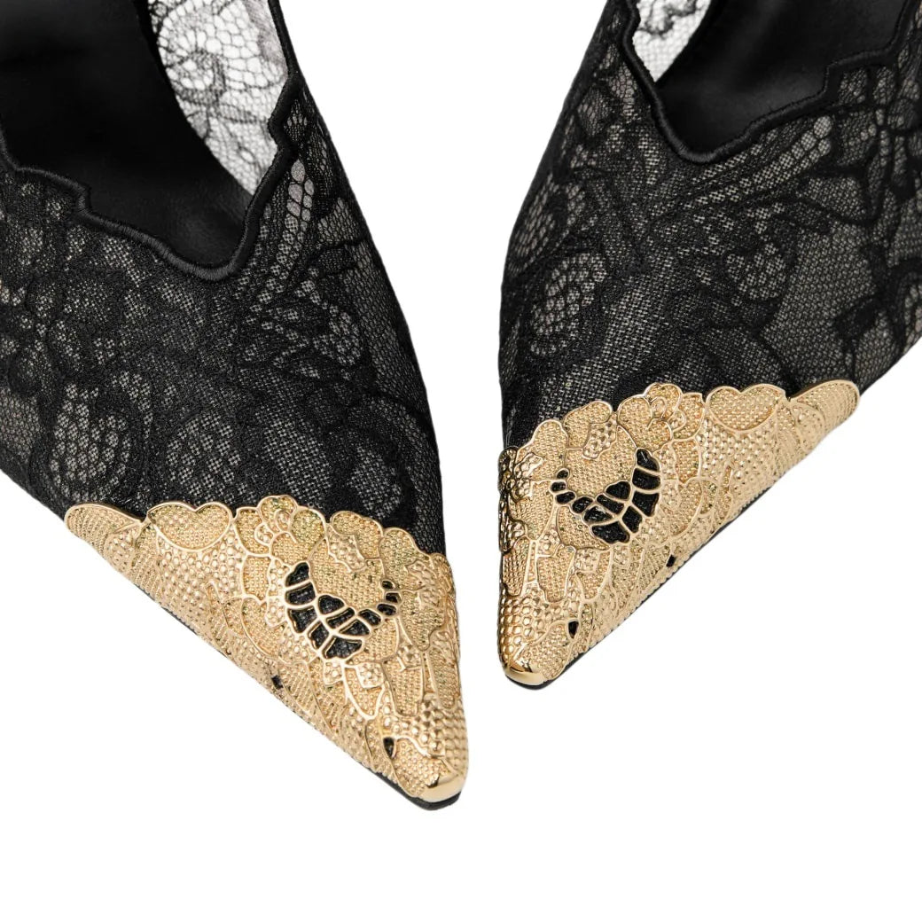 Lace Gold Embroidered Slingback Stiletto Heels for Women