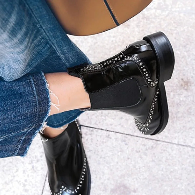 Rivet Patent Leather Slip On Ankle Boots for Women
