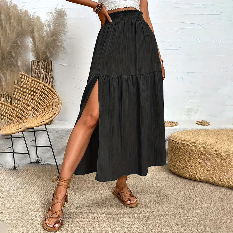 New Women Skirt Fashion Bohemian Midi Skirt High Waist Solid A Line Ruffle Skirt Casual Side Slit Beach Skirts 3 Colors Skort