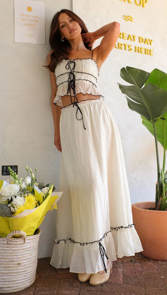 Pleated Bow Suspender Top and Skirt Two Piece Set for Women