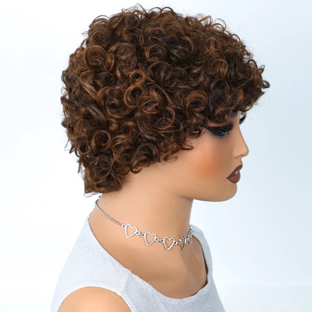 Short Kinky Curly Pixie Bob Human Hair Wig for Women