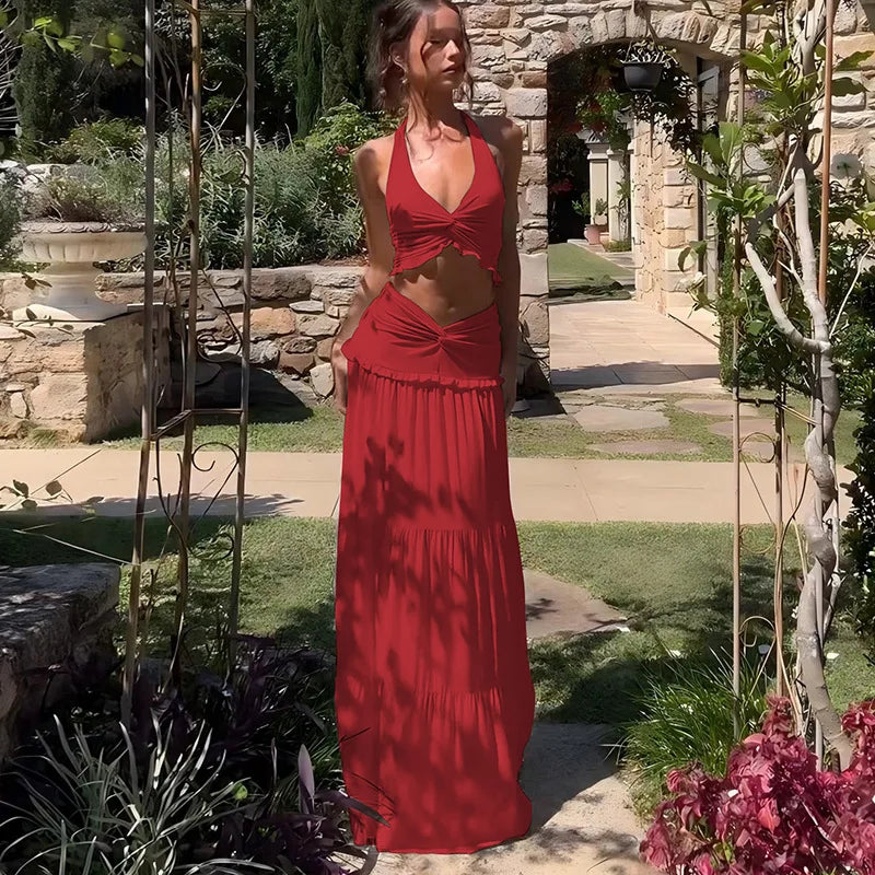 Cryptographic Elegant Two Piece Sets Sleeveless Frill Halter Twist Top Dress Sets Outfits Fashion Co-ord Sets Coquette Clothes