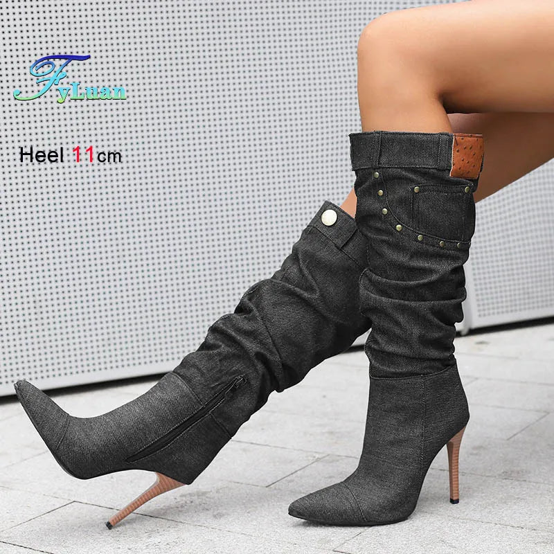 Fashion Knee High Pointed Pleated Denim Boots With Stiletto Heels For Women