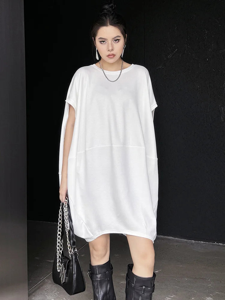 Black And White Loose Fit Cotton Mini Dress for Women