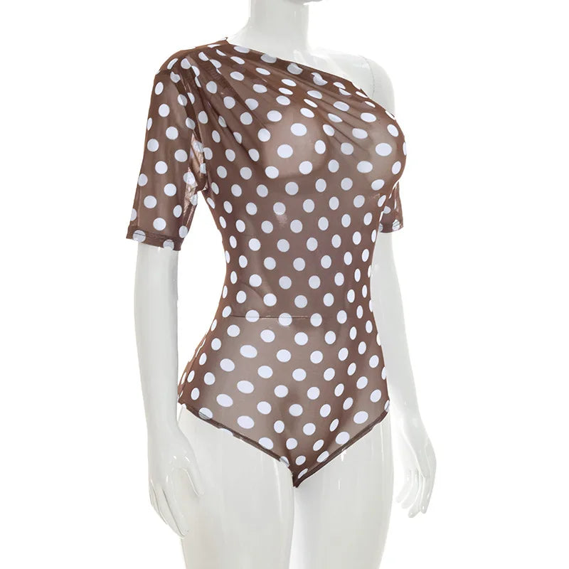 Off Shoulder Polka Dot Mesh See Through Two Piece Set for Women